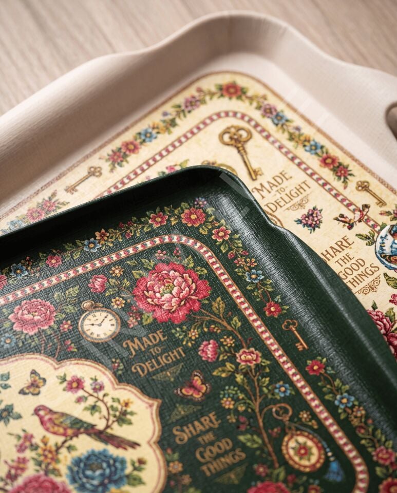 Vintage Kuş ve Çiçek Desenli 2’li Melamin Sunum Tepsisi Seti | Eternelle Collection