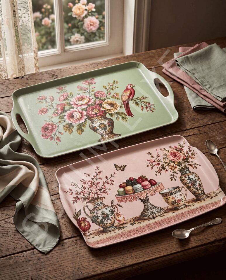 Makaron ve Çiçek Desenli 2’li Melamin Sunum Tepsisi Seti | Rosavelle Collection