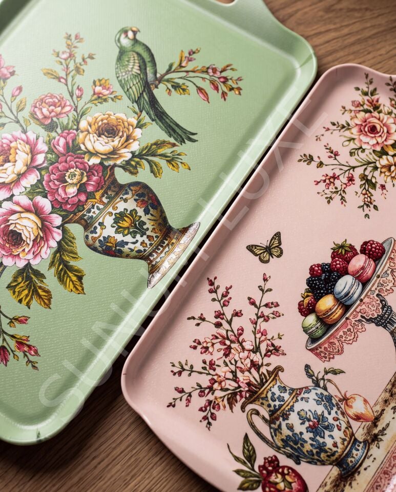 Makaron ve Çiçek Desenli 2’li Melamin Sunum Tepsisi Seti | Rosavelle Collection