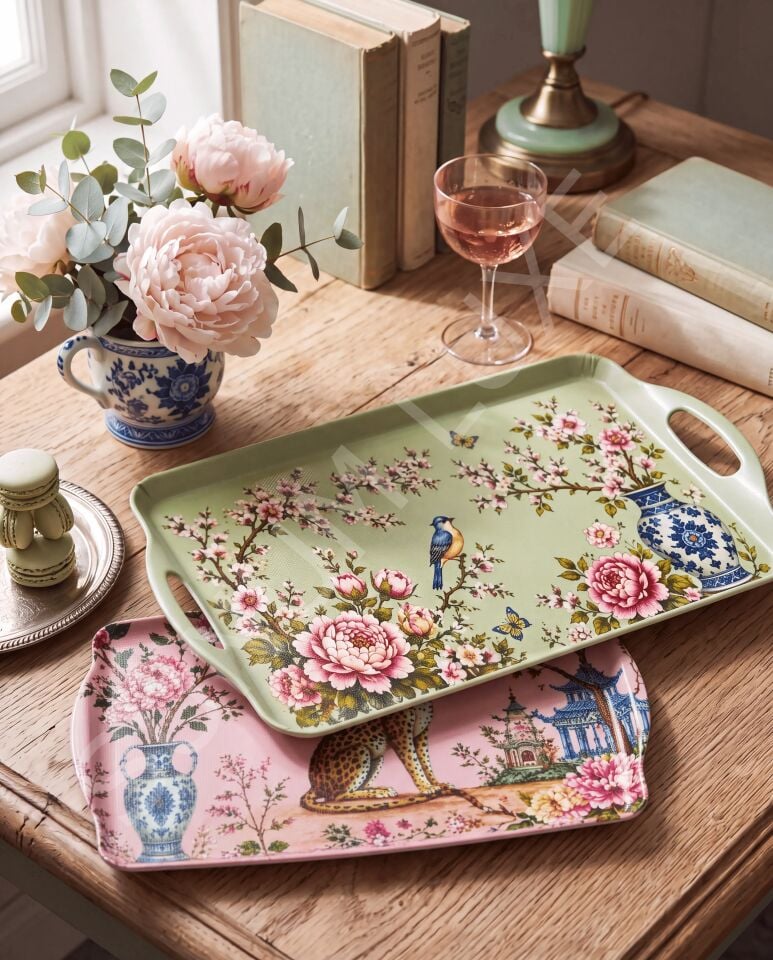 Leopar ve Çiçek Desenli 2’li Melamin Sunum Tepsisi Seti | Petalyn Collection