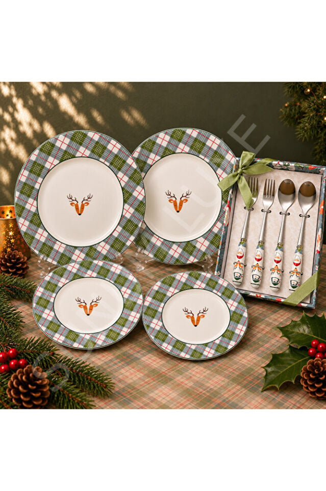 Yılbaşı Desenli 8 Parça Pasta Sunum Seti – Çatal Kaşık Takımlı Özel Hediye Kutulu Bone China Premium Series