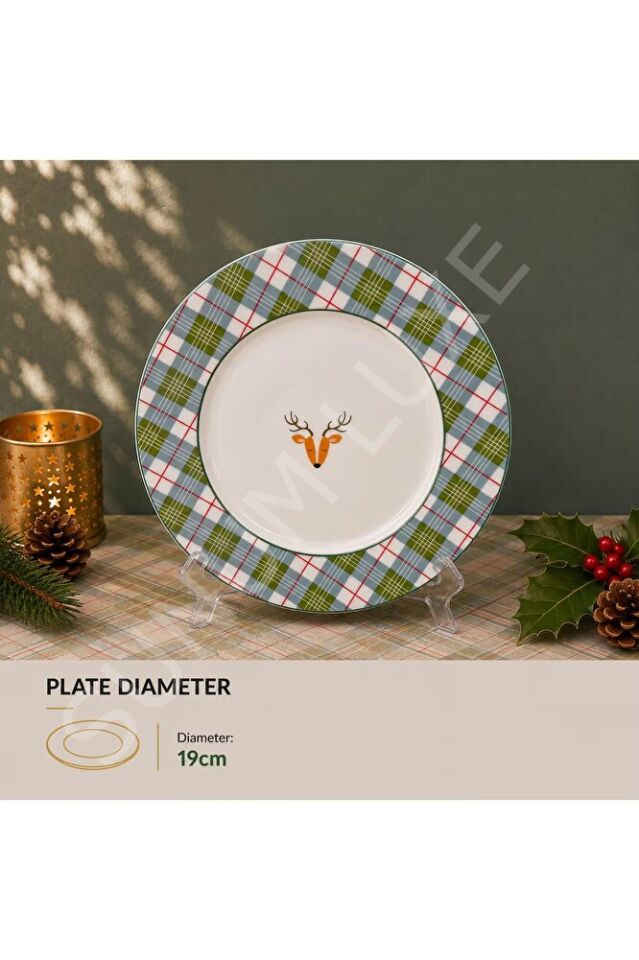 Yılbaşı Desenli 8 Parça Pasta Sunum Seti – Çatal Kaşık Takımlı Özel Hediye Kutulu Bone China Premium Series