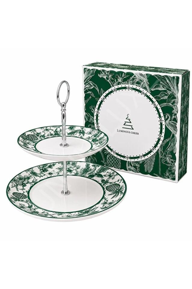 Yeşil Botanik Desenli Porselen 2 Katlı Kurabiyelik Özel Hediye Kutulu Bone China Premium Series