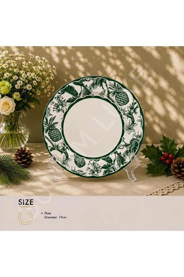 Yeşil Tropikal Desenli 8 Parça Pasta Sunum Seti Özel Hediye Kutulu Bone China Premium Series