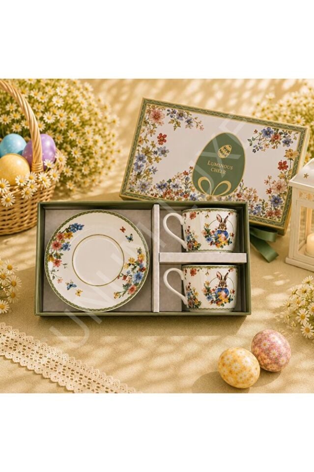 ÖZEL HEDİYE KUTULU TAVŞAN DESENLİ 2 KİŞİLİK KAHVE FİNCAN TAKIMI 90 ML. BONE CHINA PREMIUM SERIES