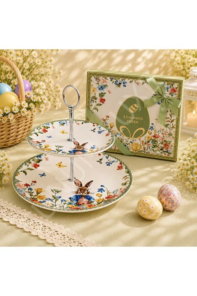 Özel Hediye Kutulu Tavşan Desenli Porselen 2 Katlı Kurabiyelik Bone China Premium Series