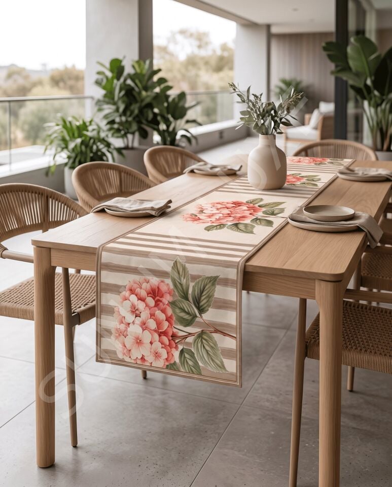 Çizgili Çiçek Desenli 45x140cm Masa Runnerı