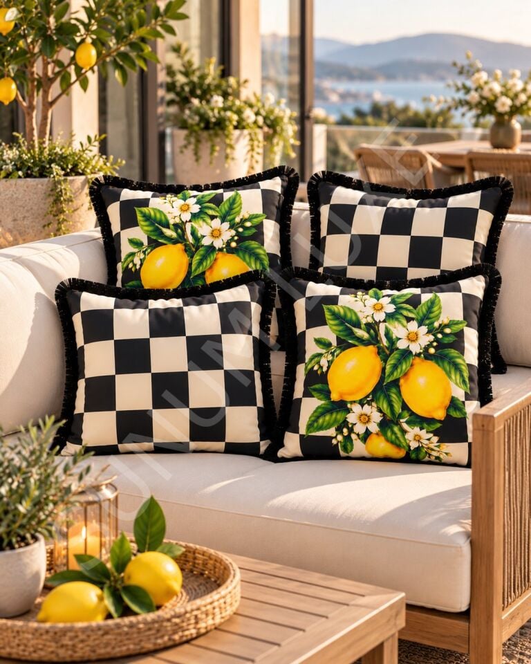 Damalı Limon Desenli 4’lü Saçaklı Kırlent Kılıfı