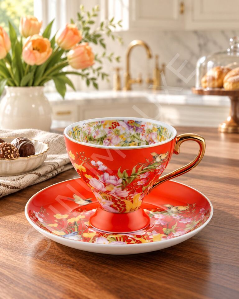 TURUNCU ÇİÇEKLİ TEK KİŞİLİK TÜRK KAHVESİ FİNCANI 90ML.