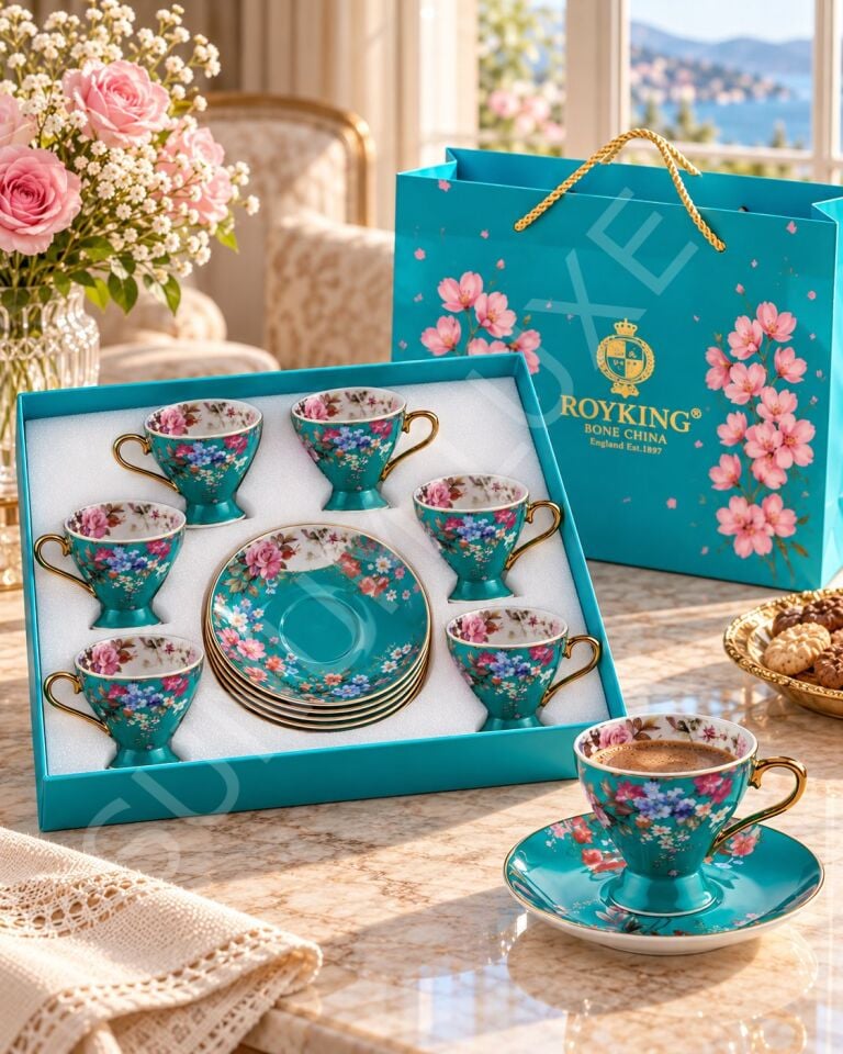 ÇİÇEK DESENLİ TURKUAZ 6'LI KAHVE FİNCANI TAKIMI 90 CC