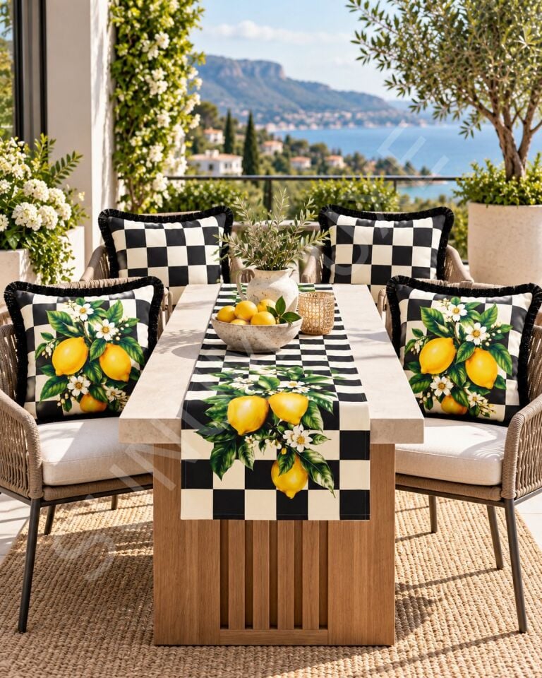 Damalı Limon Desenli Runner + 4’lü Kırlent Kılıfı Kombin Seti