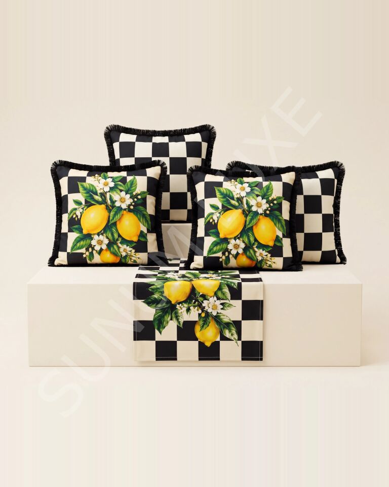 Damalı Limon Desenli Runner + 4’lü Kırlent Kılıfı Kombin Seti
