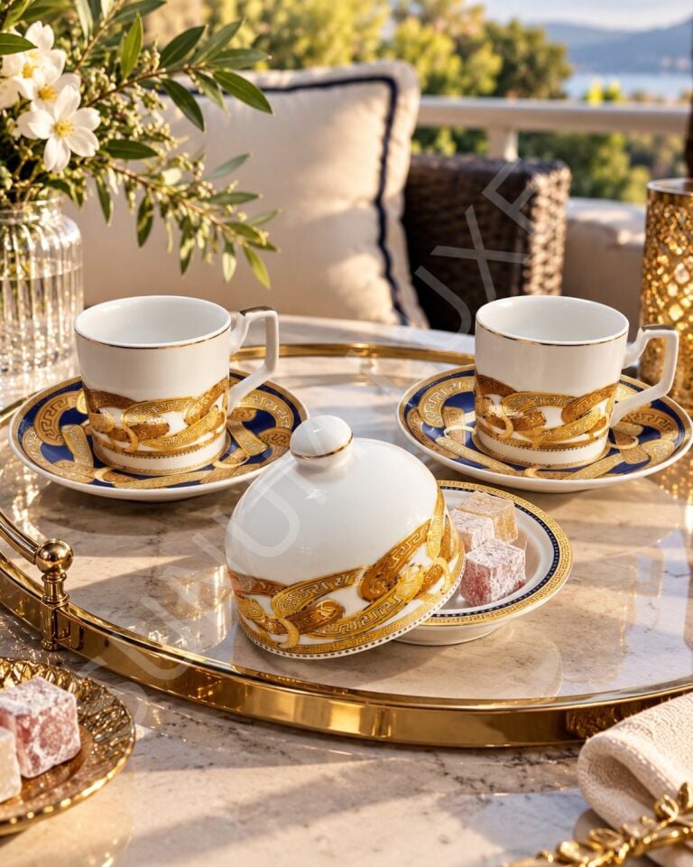 Özel Hediye Kutulu 2li Kahve Fincanı ve Lokumluk Seti 90ML. Golden Greek