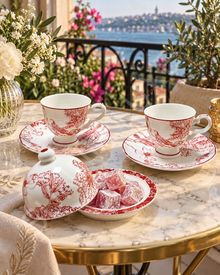 Özel Hediye Kutulu 2li Kahve Fincanı ve Lokumluk Seti 90ML. Toile De Rose