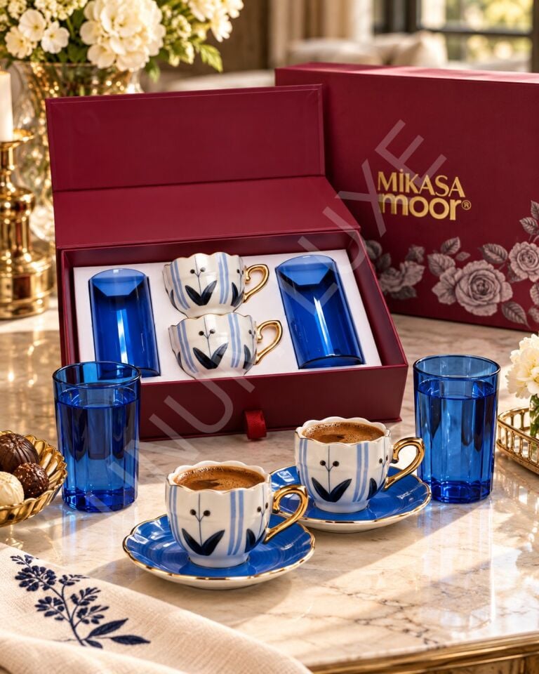 Mavi Çiçek Desenli Özel Hediye Kutulu 2li Kahve Fincanı ve Su Bardağı Seti 90ML.