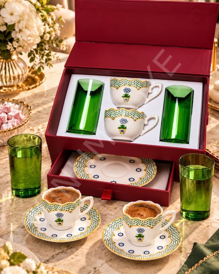 Özel Hediye Kutulu 2li Kahve Fincanı ve Su Bardağı Seti 90ML. Costa Verde